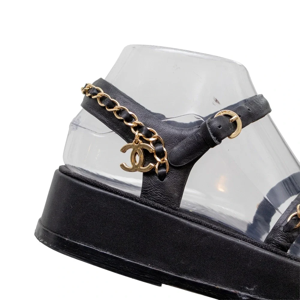 Chanel Black Leather Chain Link Platform Sandals CC Logo G37140 Size 36C